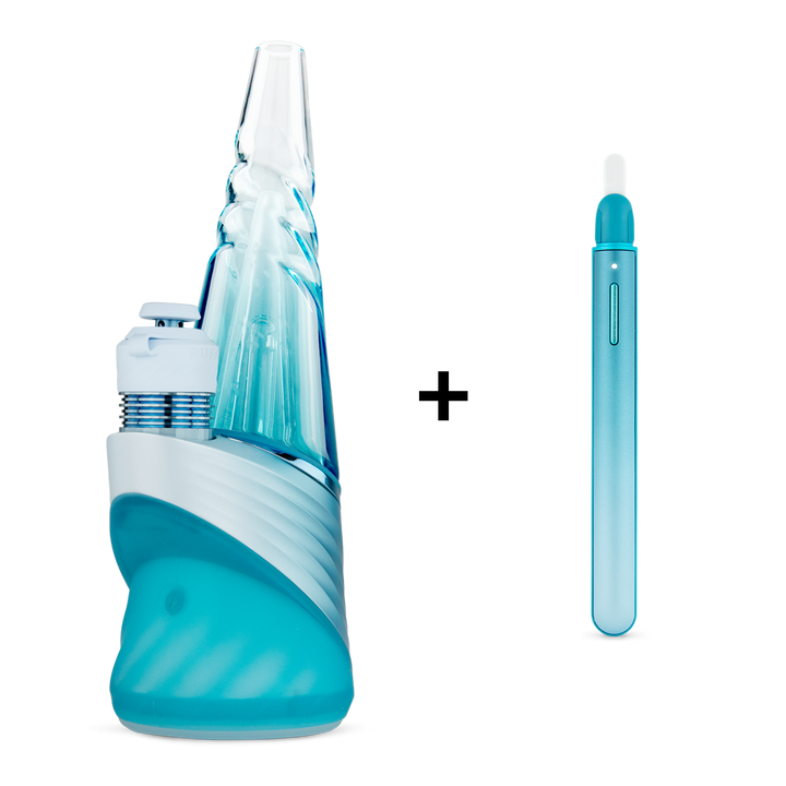 Puffco Peak Pro Bundle with Hot Knife in Glacier, the Glacier Peak Pro smart e-rig with 3DXL chamber beside the matching Glacier Puffco Hot Knife