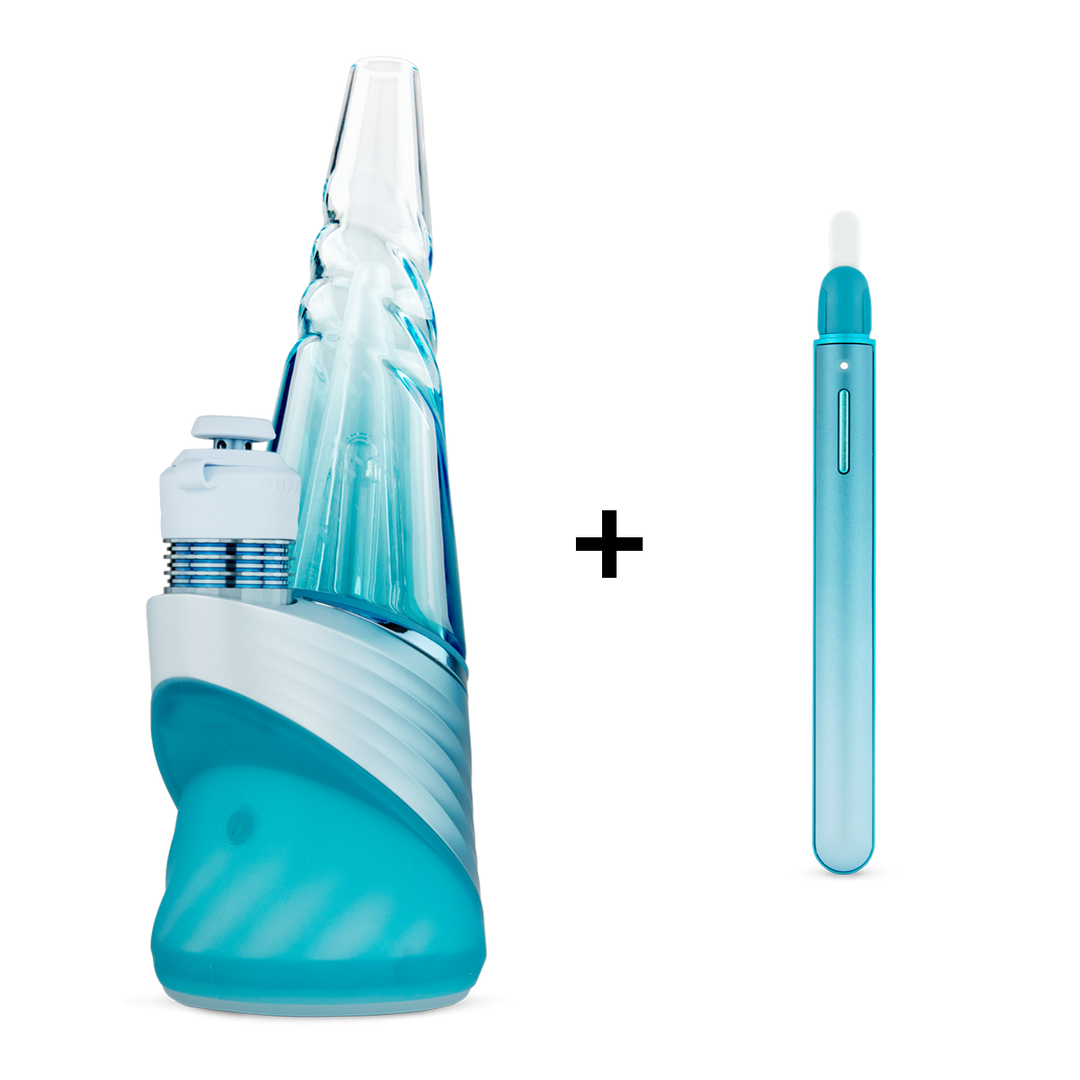 Puffco Peak Pro Bundle with Hot Knife in Glacier, the Glacier Peak Pro smart e-rig with 3DXL chamber beside the matching Glacier Puffco Hot Knife