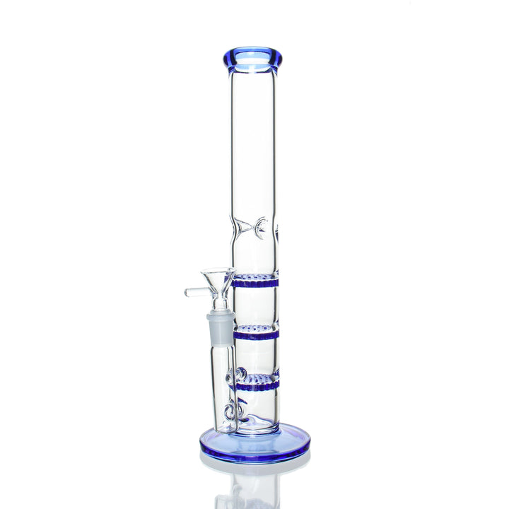 12" Straight Triple Honeycomb in Blue — straight tube water pipe with three stacked honeycomb disc percs, 14mm female joint, 3 ice pinches