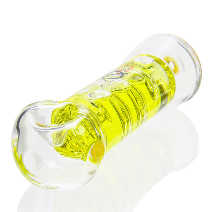 Q Sci Glycerin Hand Pipe — yellow freezable glycerin coil hand pipe for cooler hits, alternate angle