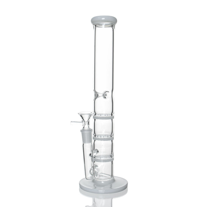 12" Straight Triple Honeycomb in White — straight tube water pipe with three stacked honeycomb disc percs, 14mm female joint, 3 ice pinches
