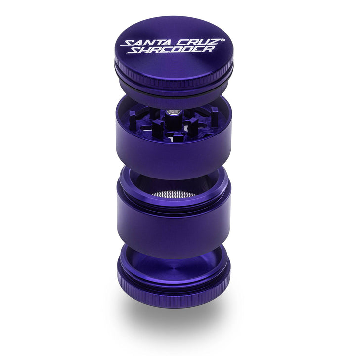 Purple Santa Cruz Shredder 4-Piece Small Grinder – detailed cutaway showing screen and chamber.