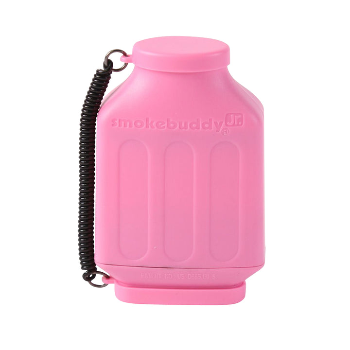 Smoke Buddy Jr. Personal Air Filter – Pink compact odor filter with removable caps and travel strap.