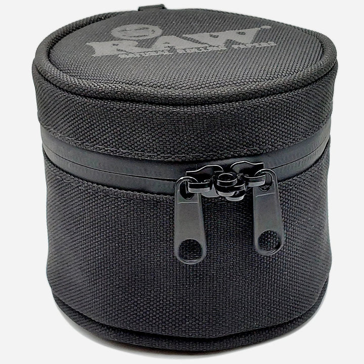 RAW Smell Proof Cozy in black with dual zipper, designed to discreetly store the 10 oz glass jar for odor-free storage.
