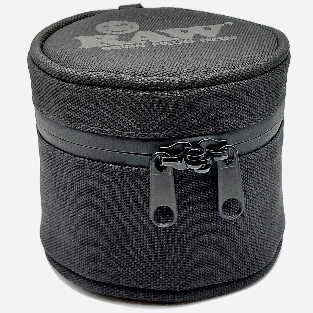 RAW Smell Proof Cozy in black with dual zipper, designed to discreetly store the 10 oz glass jar for odor-free storage.
