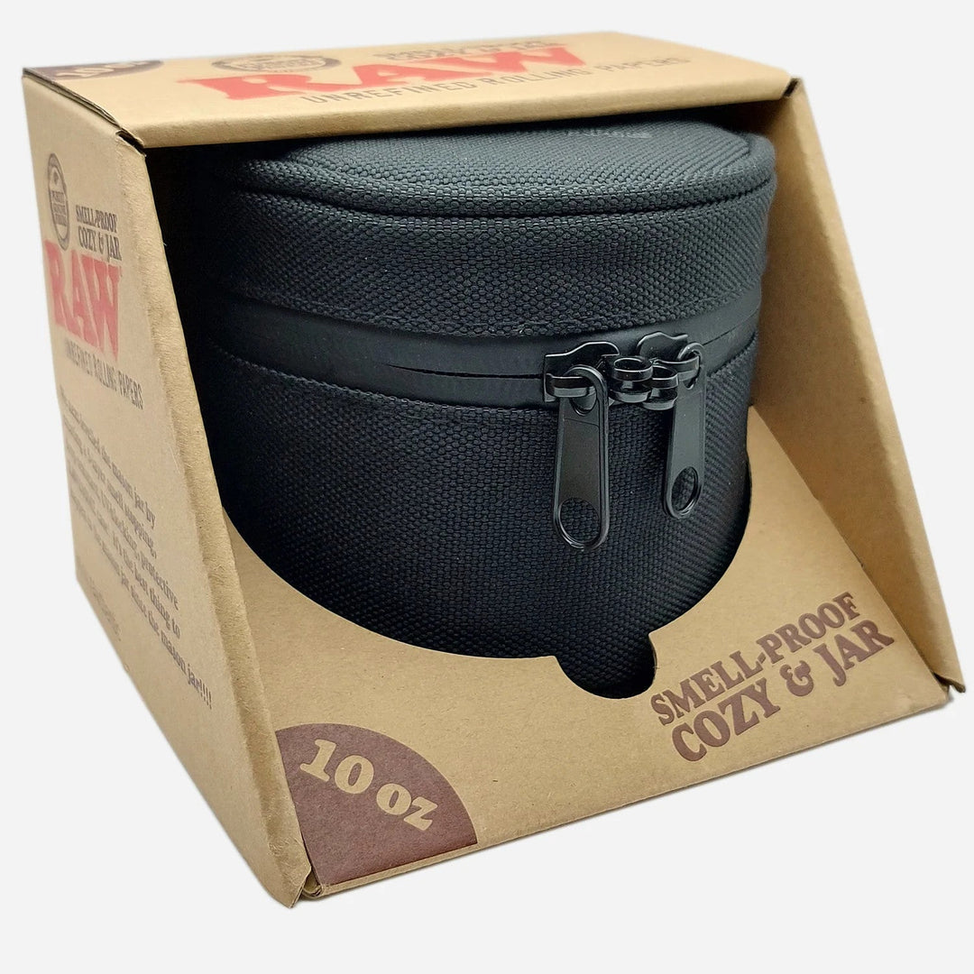 RAW Smell Proof Cozy and Jar 10 oz in retail packaging, featuring the black zippered cozy and glass jar for discreet, odor-proof storage.