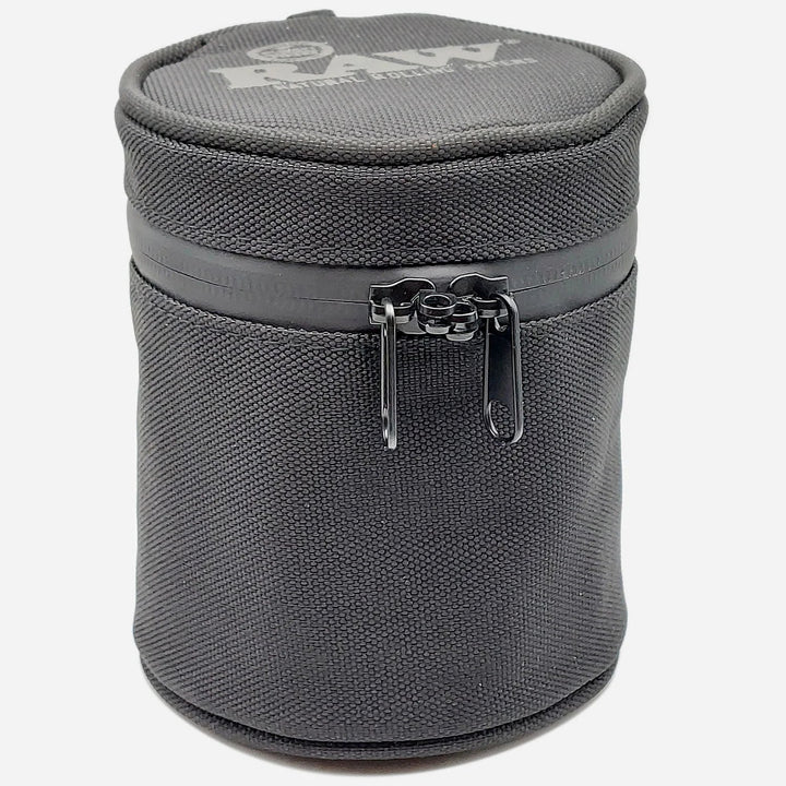 RAW Smell Proof Cozy and Jar 16 oz black fabric case with zipper and lock, designed for odor control and UV protection.
