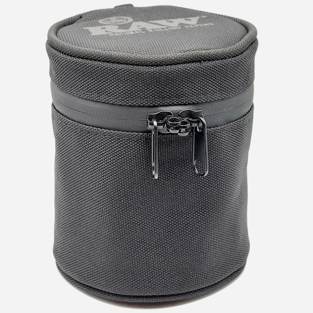 RAW Smell Proof Cozy and Jar 16 oz black fabric case with zipper and lock, designed for odor control and UV protection.