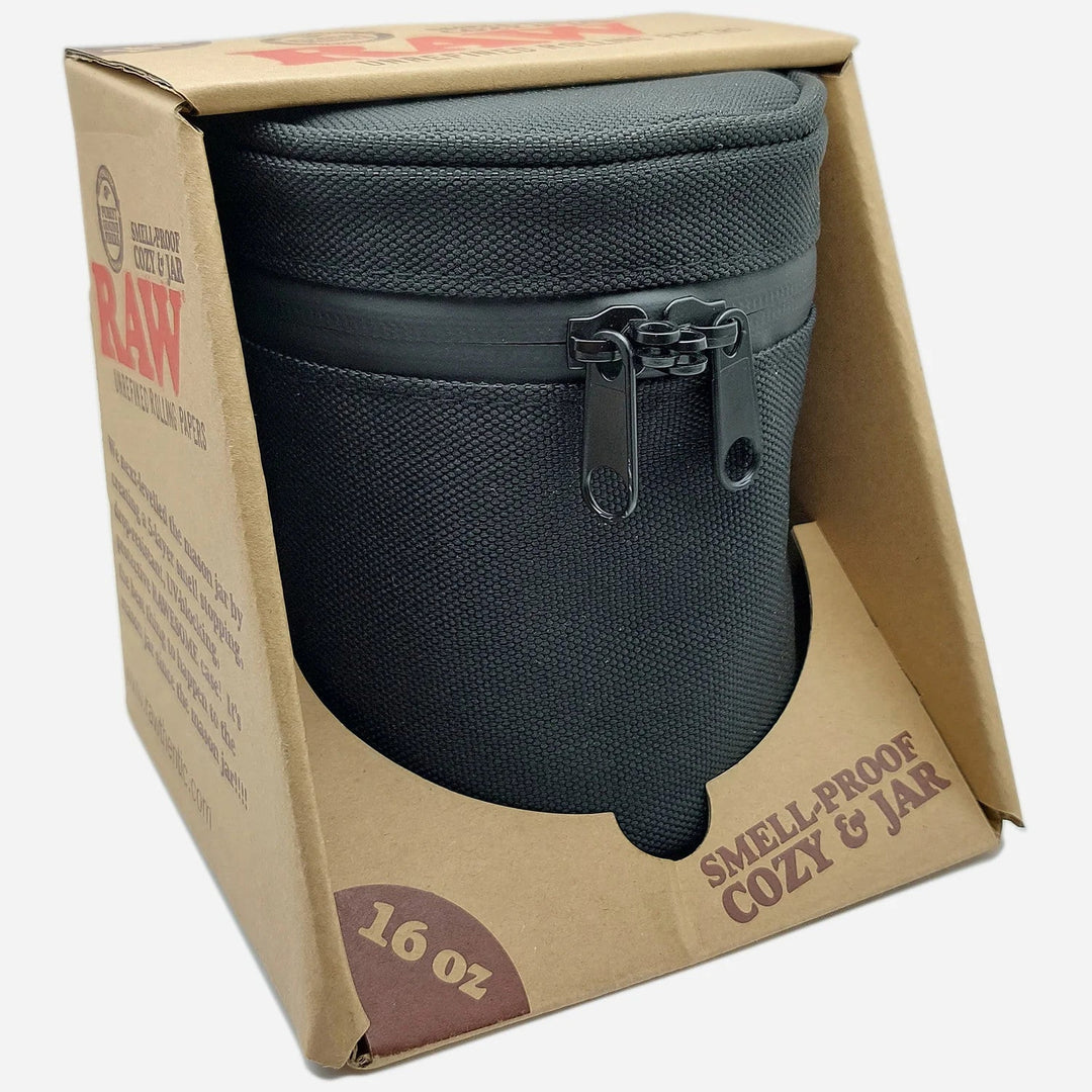 RAW Smell Proof Cozy and Jar 16 oz packaged in eco-friendly box, featuring smell-proof case and glass jar for secure, odor-free storage.