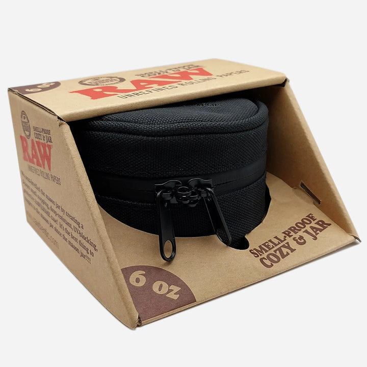 RAW Smell Proof Cozy and Jar 6 oz in retail packaging, featuring odor-proof case and glass jar for premium discreet storage.