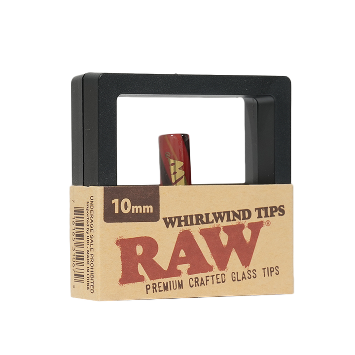 RAW Whirlwind Tips 10mm reusable glass rolling tips, close-up view of the swirled borosilicate glass filter tip alongside its 12-pack packaging.