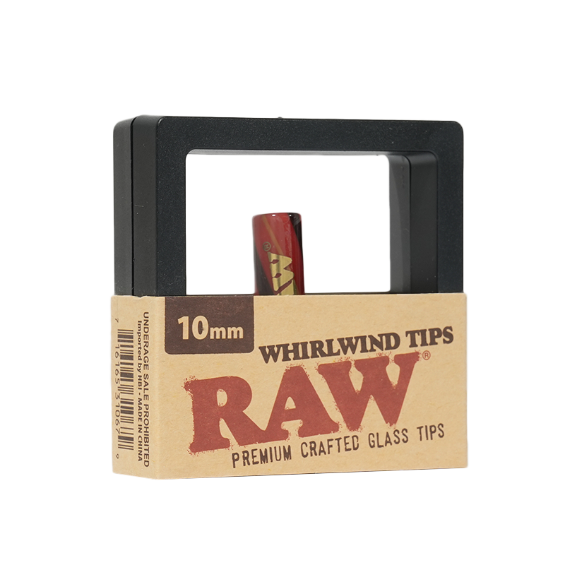 RAW Whirlwind Tips 10mm reusable glass rolling tips, close-up view of the swirled borosilicate glass filter tip alongside its 12-pack packaging.