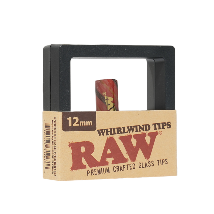 RAW Whirlwind Tips 12mm reusable glass rolling tips, alternate view showing the wider borosilicate glass filter tip and the 12-pack box.