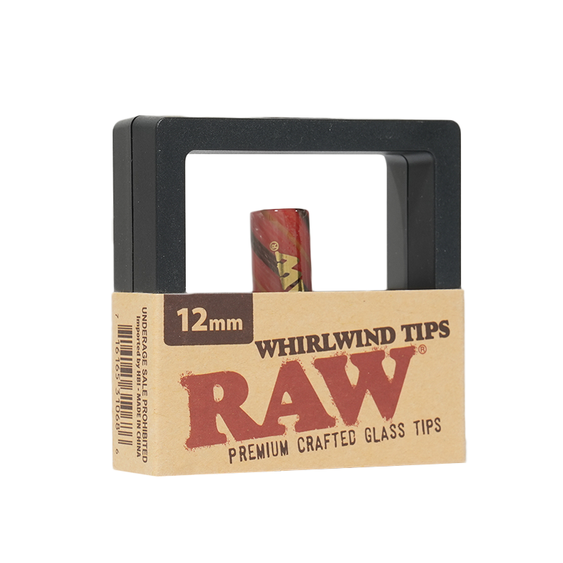 RAW Whirlwind Tips 12mm reusable glass rolling tips, alternate view showing the wider borosilicate glass filter tip and the 12-pack box.
