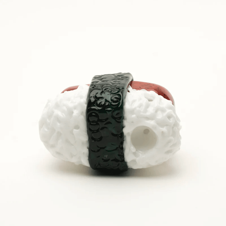 Empire Glassworks - Spam Musubi Pipe shaped like sushi with white rice, red spam, and black seaweed band. Features a carb hole and push bowl.