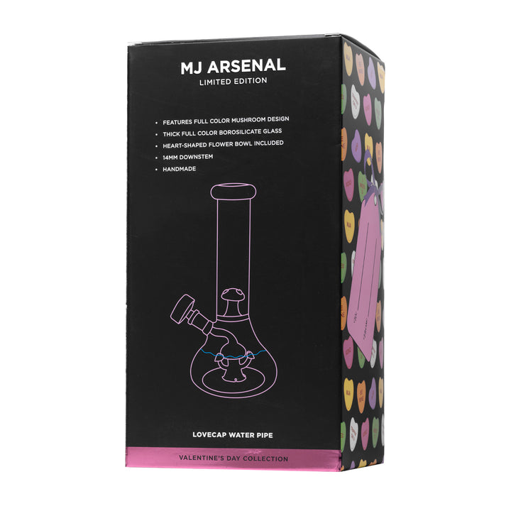 MJ Arsenal - Lovecap Water Pipe packaging box with product illustration and Valentine's Day Collection branding in colorful heart-themed design.
