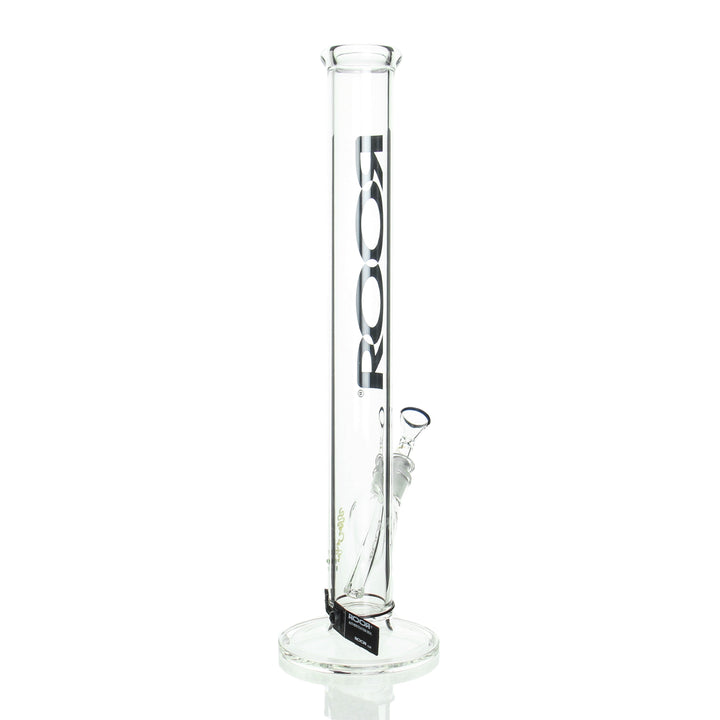 RooR 18in Straight Tube Black — 50x5mm thick glass bong with black label, alternate angle
