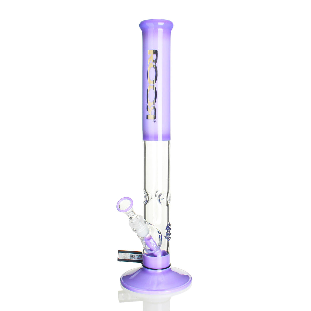 RooR 18in Straight Tube Milky Purple — 50x5mm thick borosilicate bong with milky purple accent label, front view