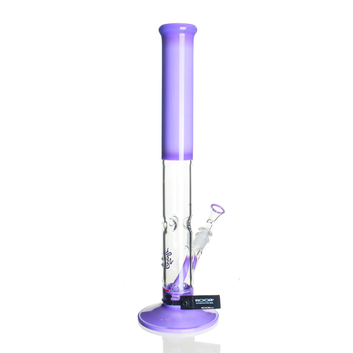 RooR 18in Straight Tube Milky Purple — 50x5mm thick glass bong with milky purple accent, alternate angle