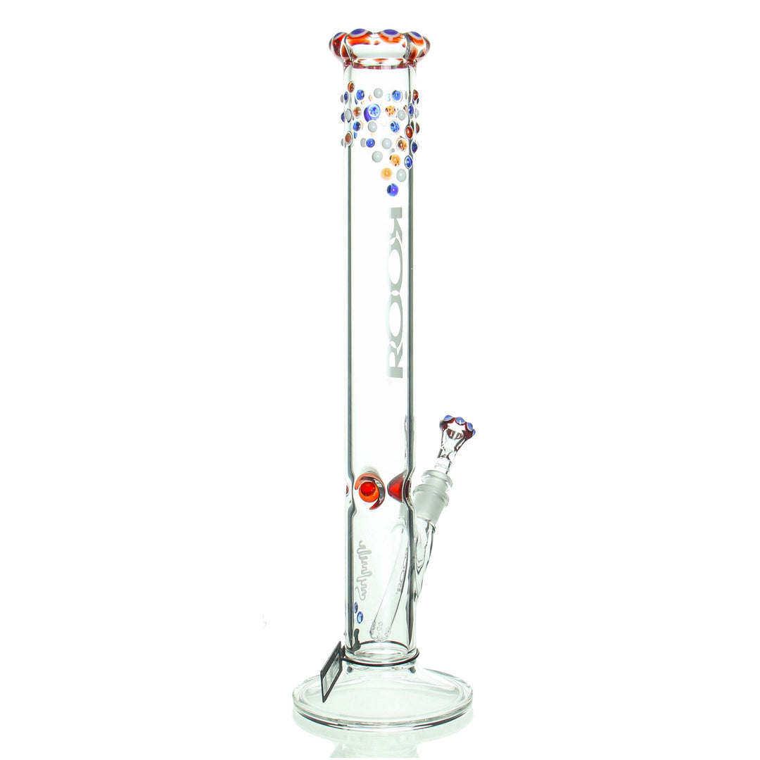 RooR 18in Straight Tube White Triple Color Crown Raindrops — white straight bong with raindrops accent shown from alternate angle