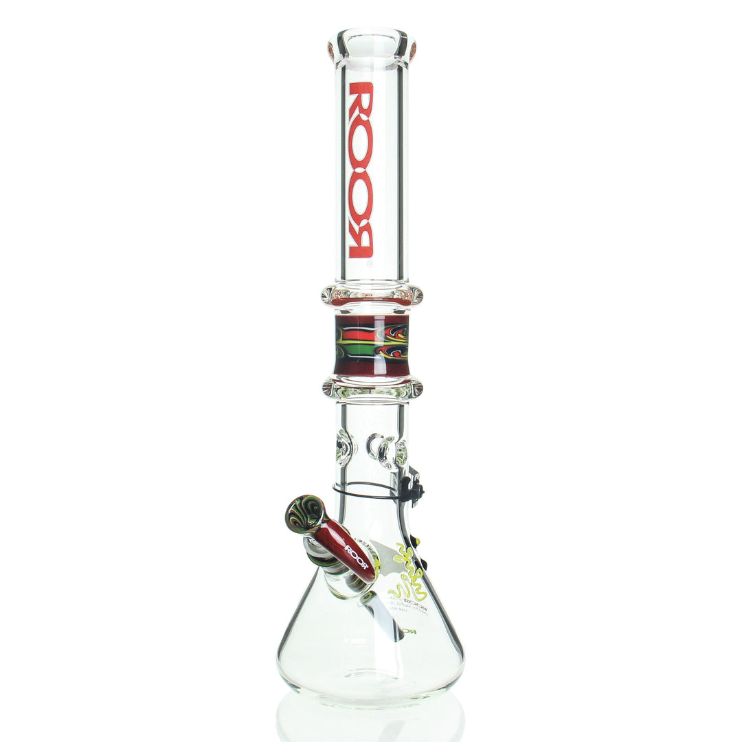 RooR x Chase Adams 18in Beaker Red White — 50x7mm thick borosilicate beaker bong with red and white accents
