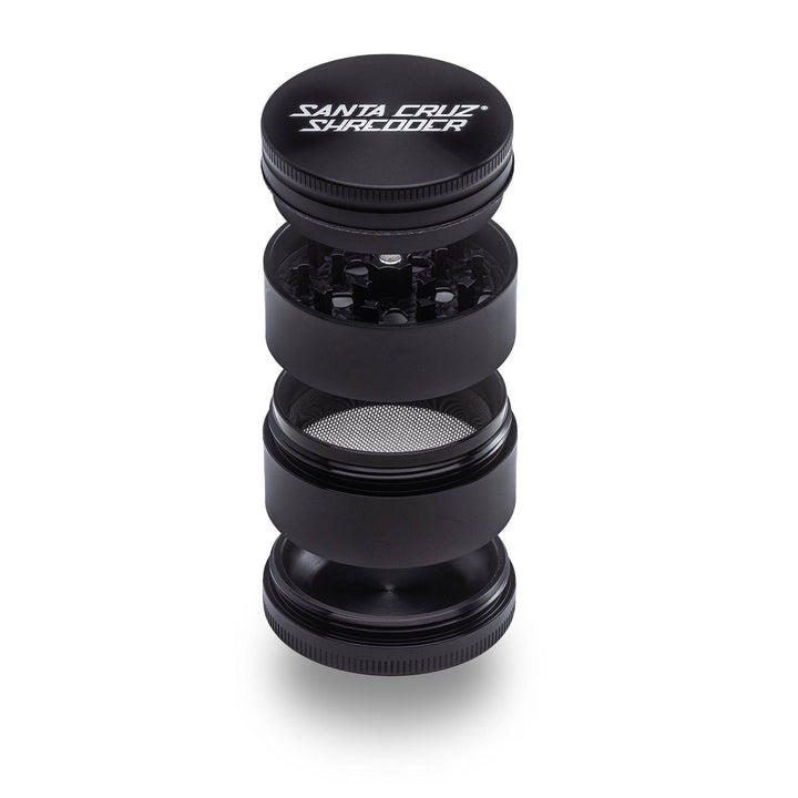 Black Santa Cruz Shredder 4-Piece Medium Grinder – teeth and screen displayed in exploded view.