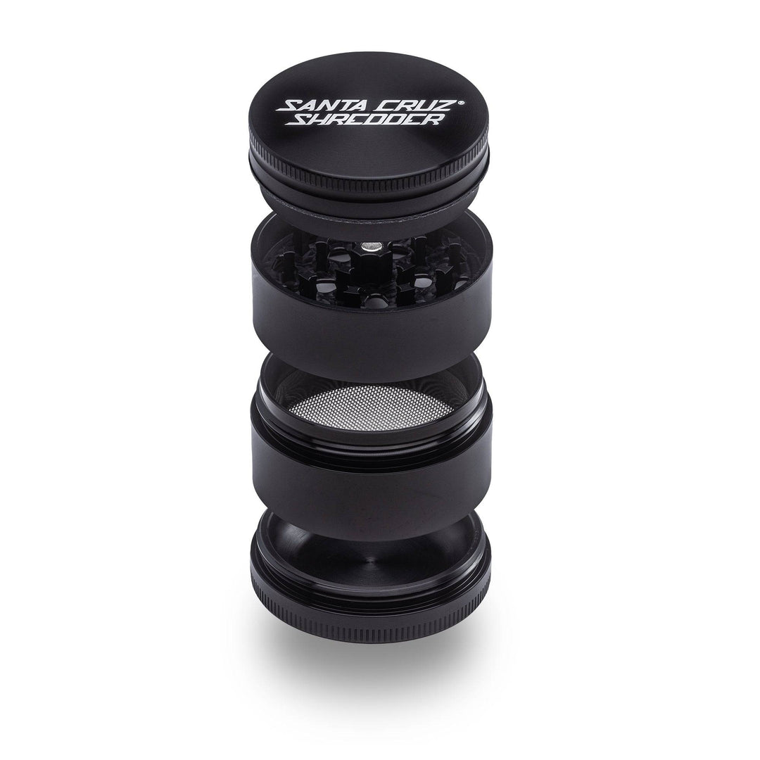 Black Santa Cruz Shredder 4-Piece Medium Grinder – teeth and screen displayed in exploded view.