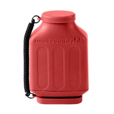 Smoke Buddy Jr. Personal Air Filter – Red travel-size odor eliminator with removable cap and black wrist strap.