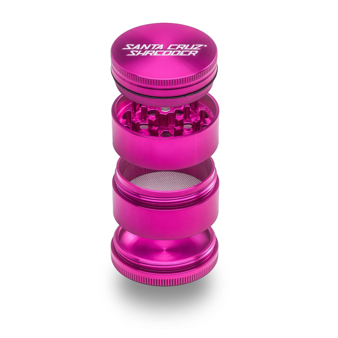 Pink Santa Cruz Shredder 4-Piece Medium Aluminum Grinder with magnetic lid.