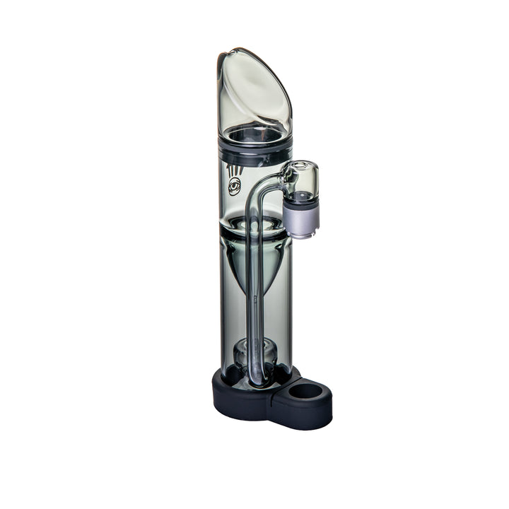 Ryan Fitt Pillar Pivot Bubbler rotated side angle displaying cylindrical glass body and integrated percolator chamber