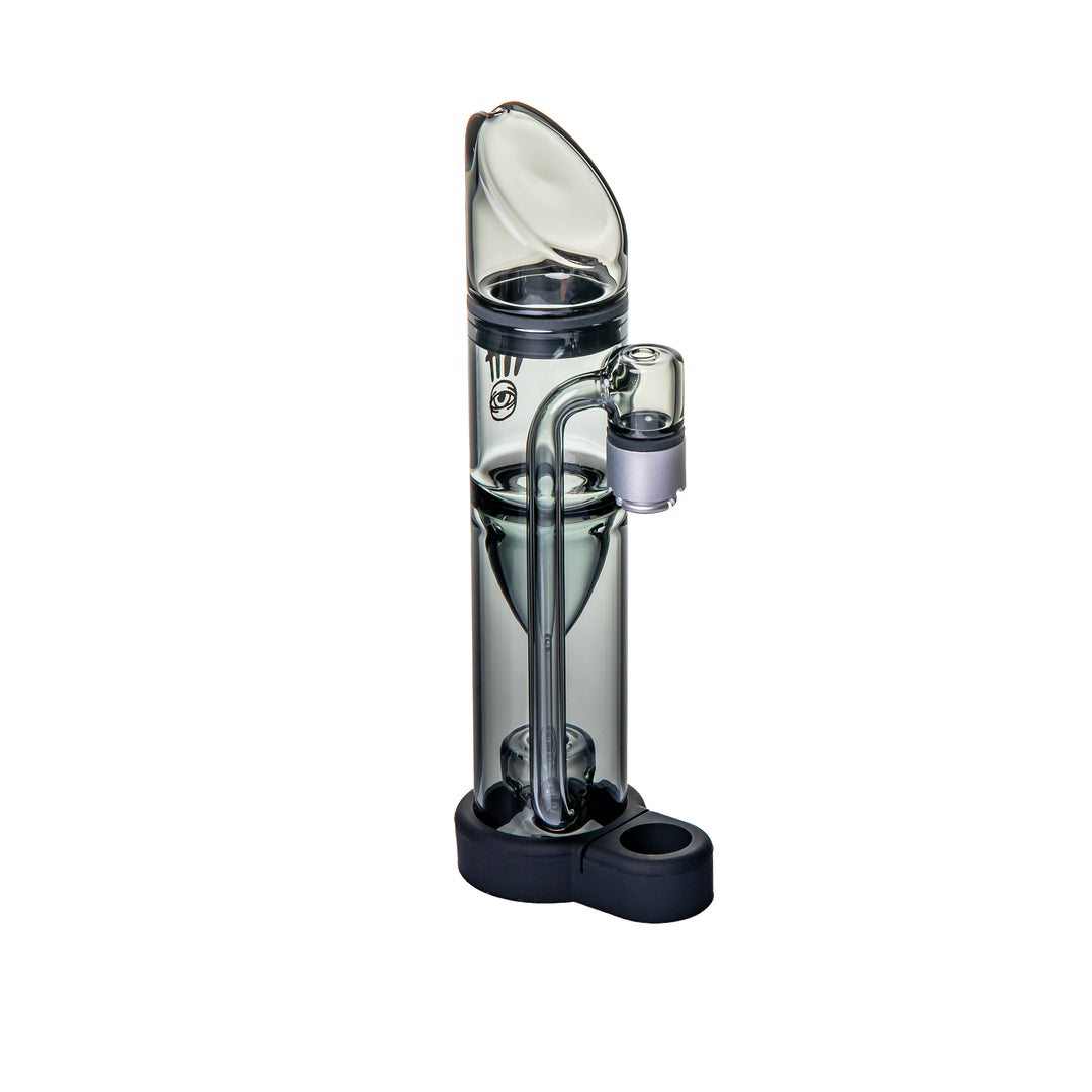 Ryan Fitt Pillar Pivot Bubbler rotated side angle displaying cylindrical glass body and integrated percolator chamber