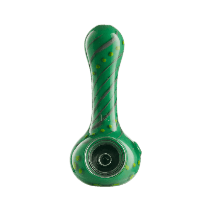 EYCE - Silicone ORAFLEX Spoon Pipe - Floral in green with yellow dots and black swirl pattern, showcasing durable silicone pipe design.