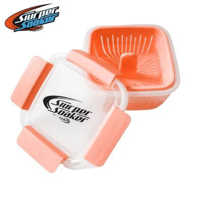 Terps Slurper Soaker in coral orange featuring a secure lid and inner basket for soaking dab tools and pearls. Compact and kitchen-safe.