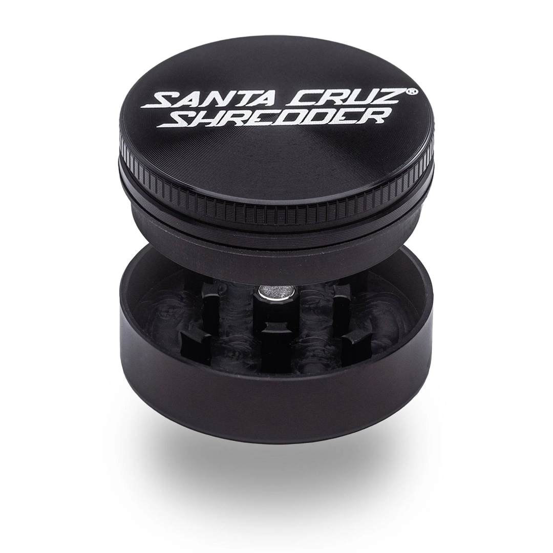 Black Santa Cruz Shredder 2-Piece Small Grinder — open view showing precision-cut teeth and magnetic lid