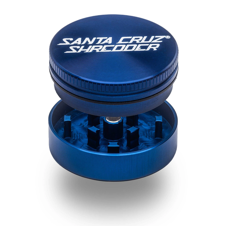 Blue Santa Cruz Shredder 2-Piece Small Grinder — open view showing precision-cut teeth and magnetic lid