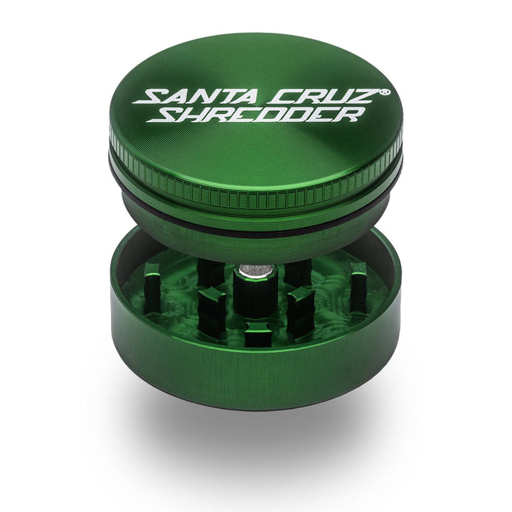 Green Santa Cruz Shredder 2-Piece Small Grinder — open view showing precision-cut teeth and magnetic lid