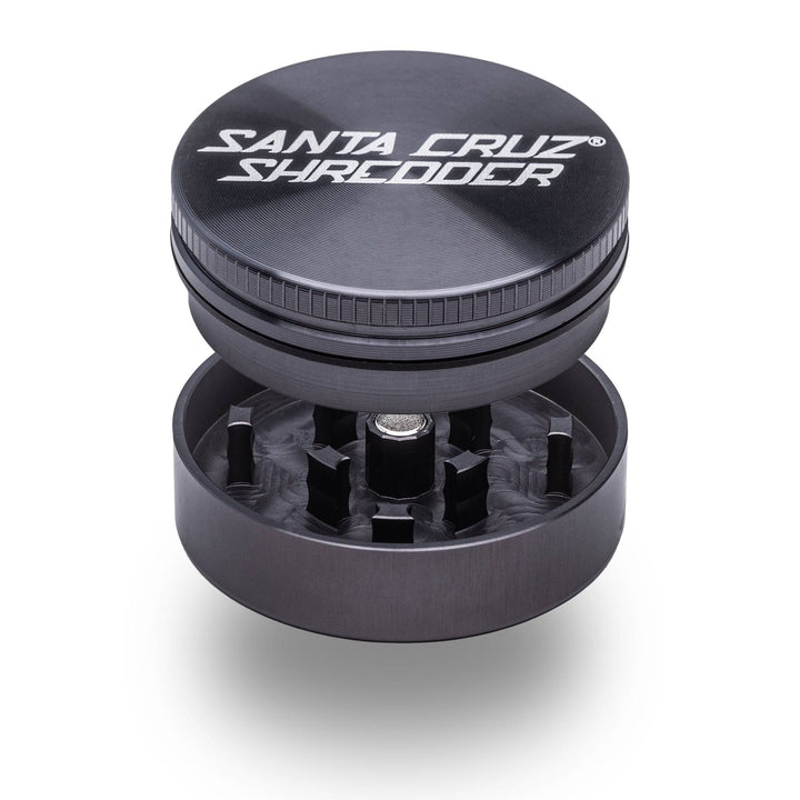 Grey Santa Cruz Shredder 2-Piece Small Grinder — open view showing precision-cut teeth and magnetic lid