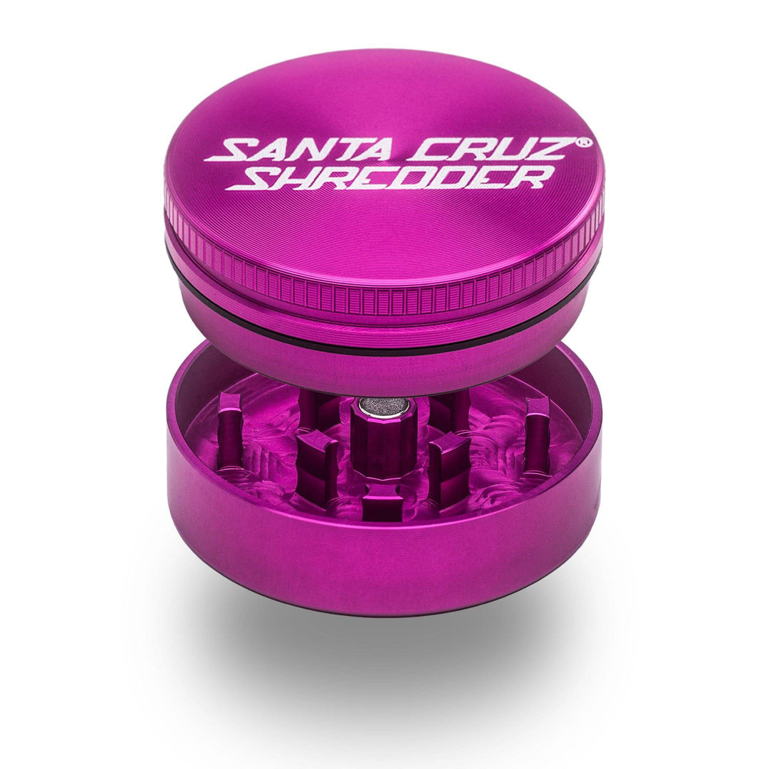 Pink Santa Cruz Shredder 2-Piece Small Grinder — open view showing precision-cut teeth and magnetic lid