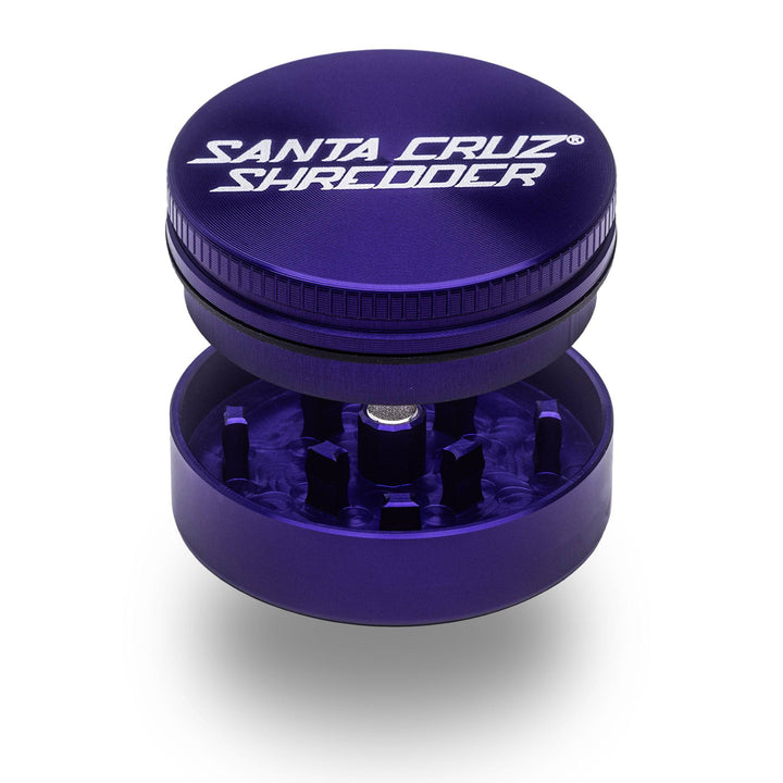 Purple Santa Cruz Shredder 2-Piece Small Grinder — open view showing precision-cut teeth and magnetic lid