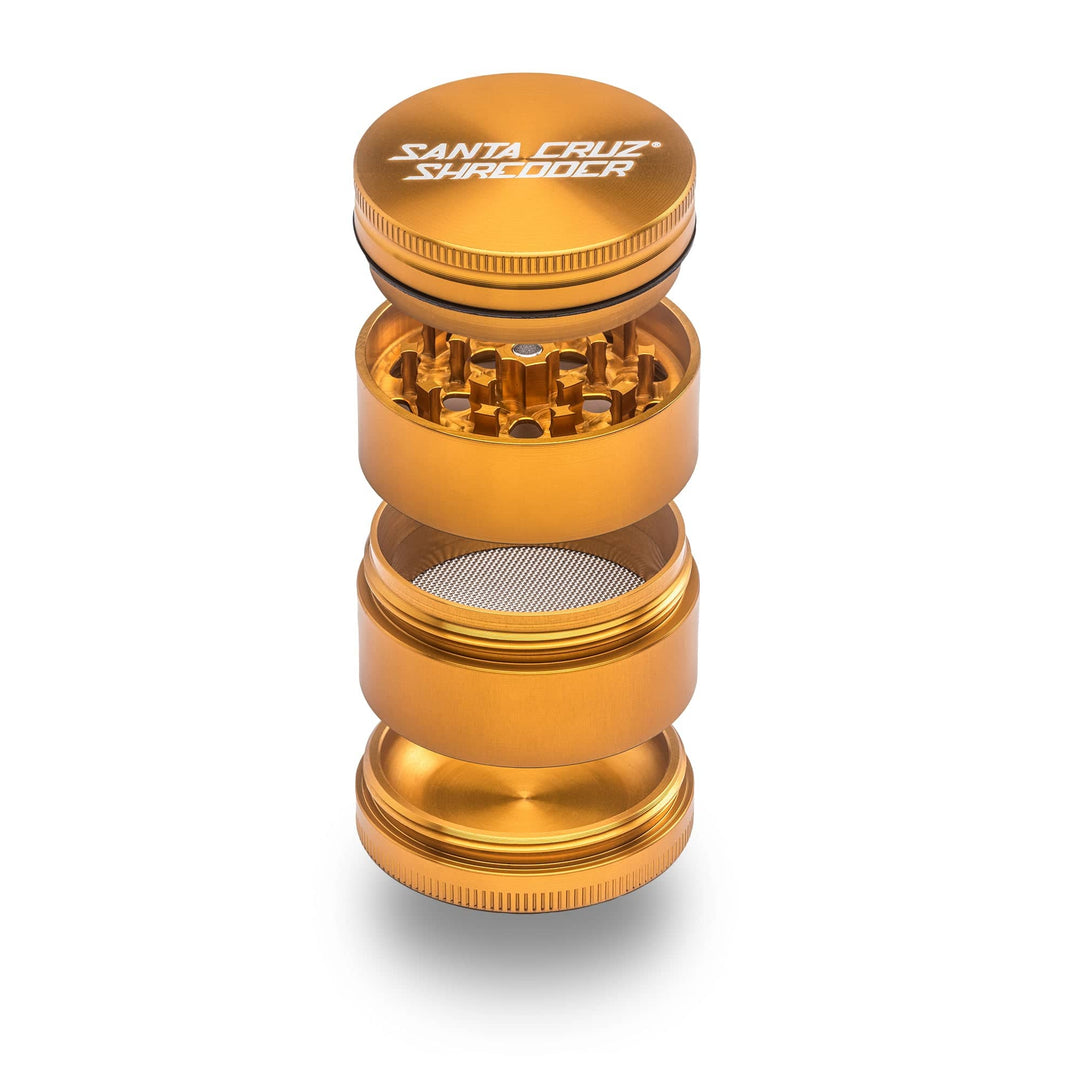 Santa Cruz Shredder 4-Piece Medium Aluminum Grinder in Gold – precision-milled teeth and magnetic lid shown in exploded view.
