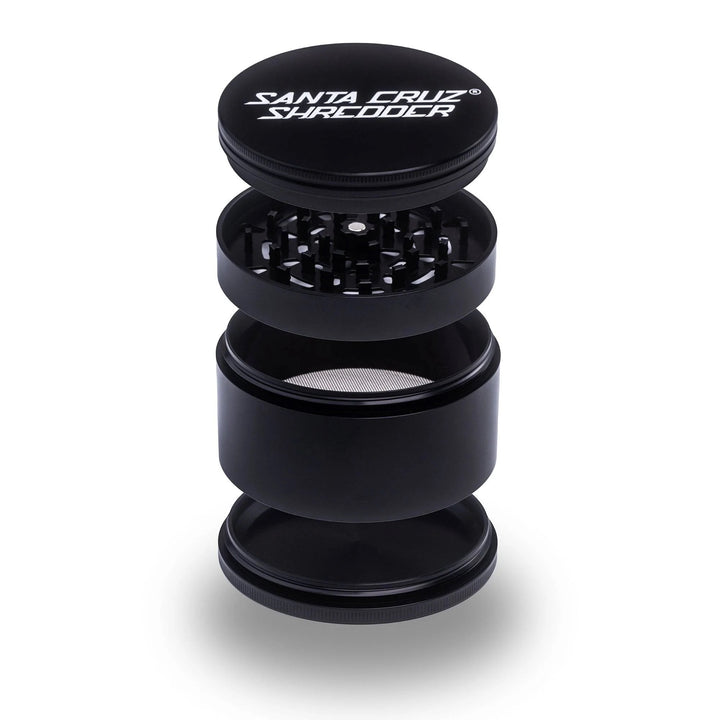 Exploded view of 4-piece grinder: lid, teeth, sifter, kief chamber black finish