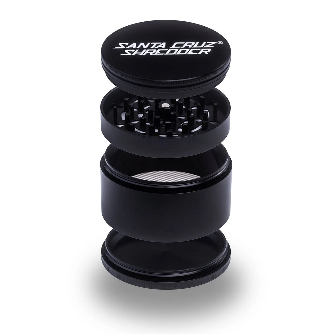 Exploded view of 4-piece grinder: lid, teeth, sifter, kief chamber black finish
