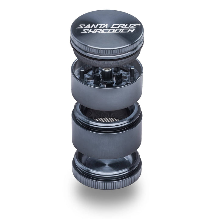 Grey Santa Cruz Shredder 4-Piece Small Grinder – precision-milled metal teeth in exploded view.