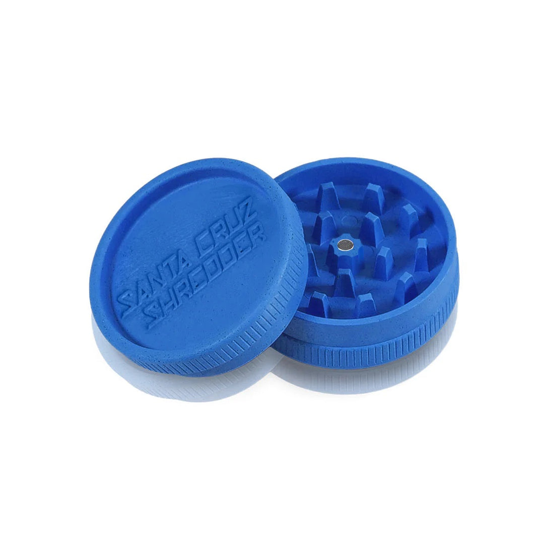 Opened Blue Santa Cruz Shredder 2 Piece Grinder – Eco-Friendly Hemp Composite Interior