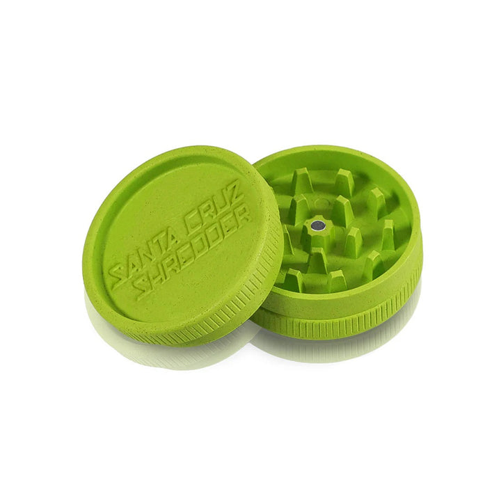 Opened Green Santa Cruz Shredder 2 Piece Hemp Grinder Showing Precision Teeth Design