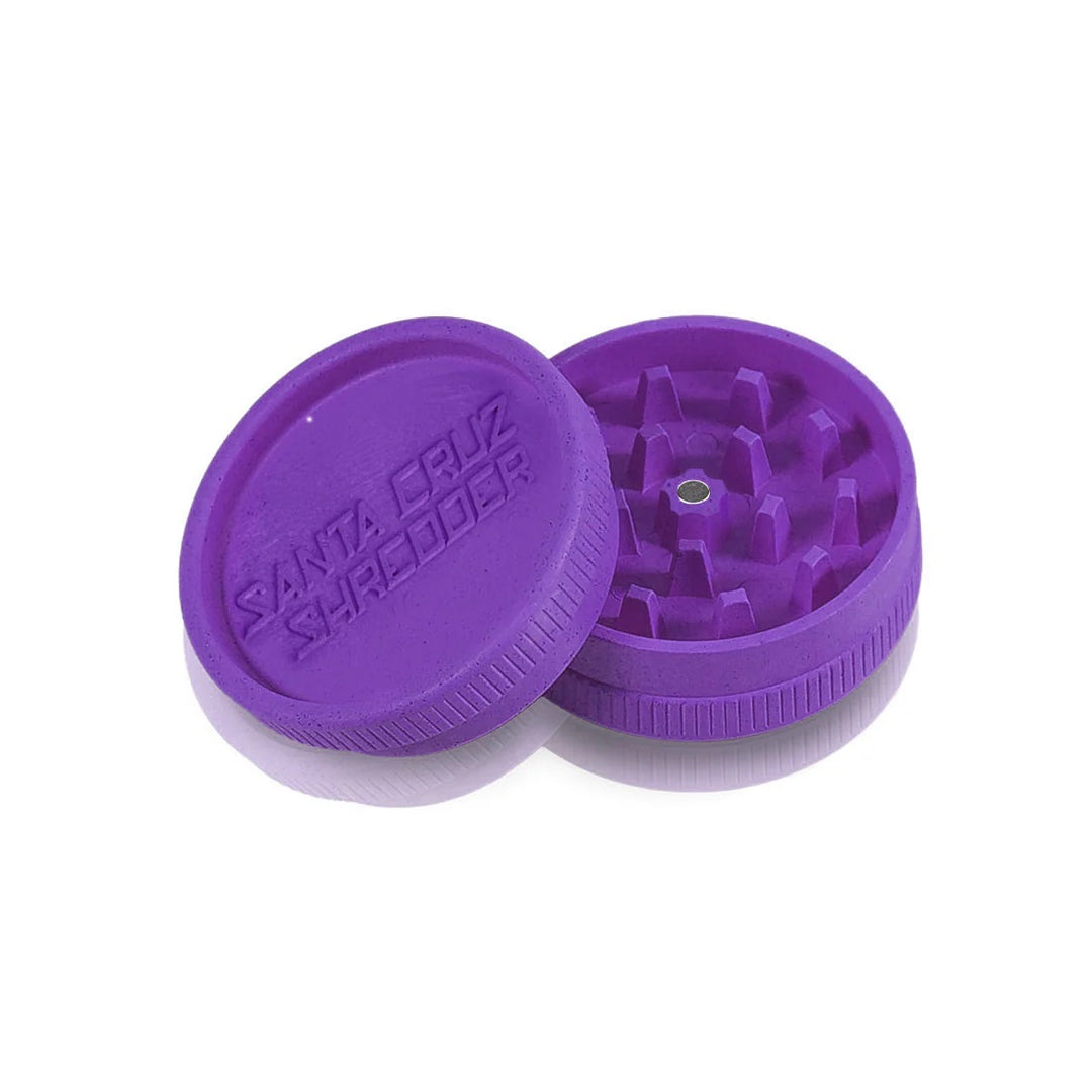 Opened Purple Santa Cruz Shredder Hemp Grinder Displaying Two-Piece Grinding Chamber