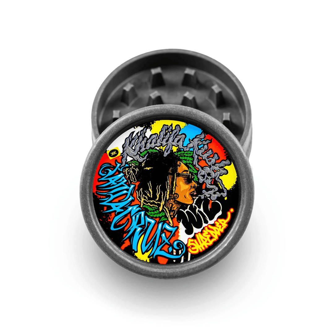 Close-up of Khalifa Kush logo on black hemp grinder by Santa Cruz Shredder