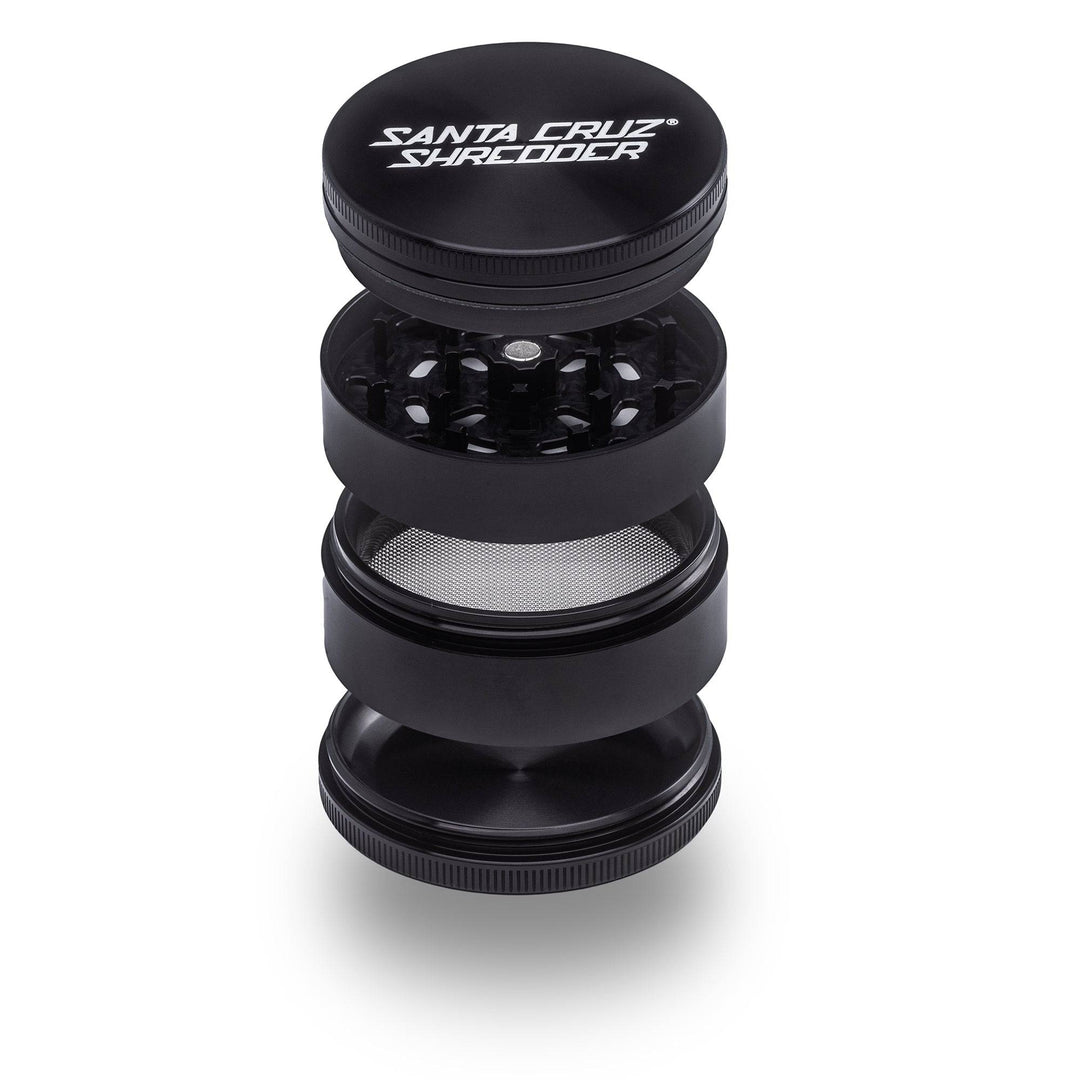 Gloss black Santa Cruz Shredder grinder pair showing lid and bottom tray section