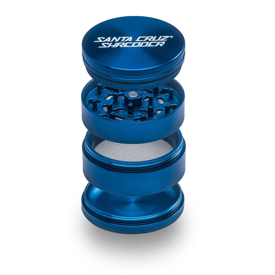 Santa Cruz Shredder 4-Piece Large Aluminum Grinder in blue – open view showing all sections