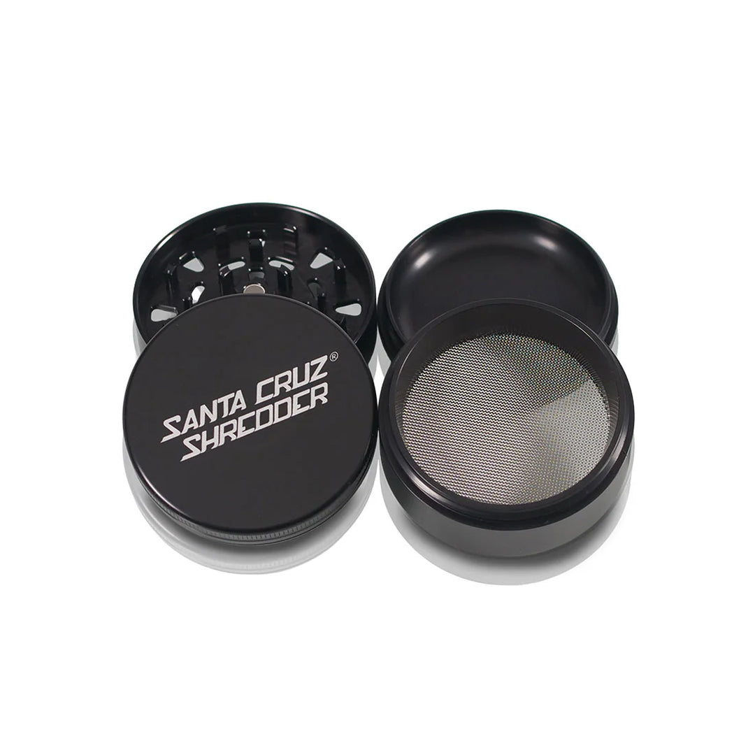 Santa Cruz Shredder 4-Piece Large Aluminum Grinder in black – open view showing all sections
